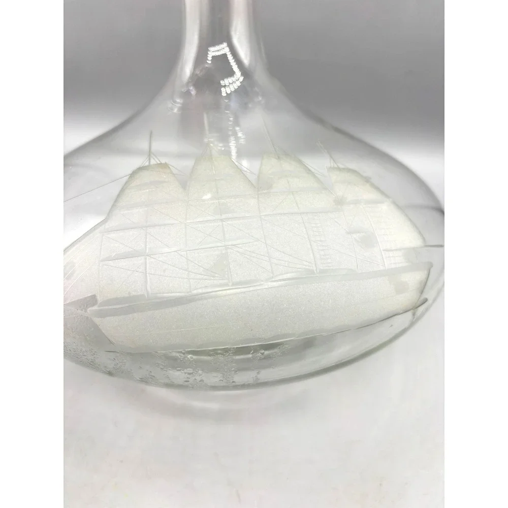 Vintage Etched Glass Ship Decanter Nautical Sailing Vessel with Ball Stopper